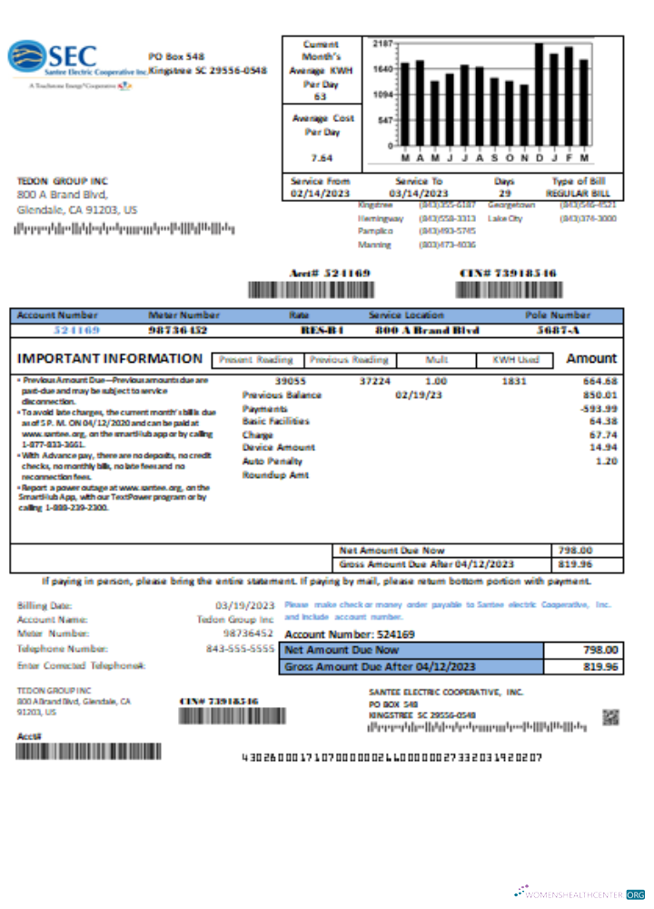 Santee Electric Cooperative Inc (SEC) proof of address utility business bill, SCR